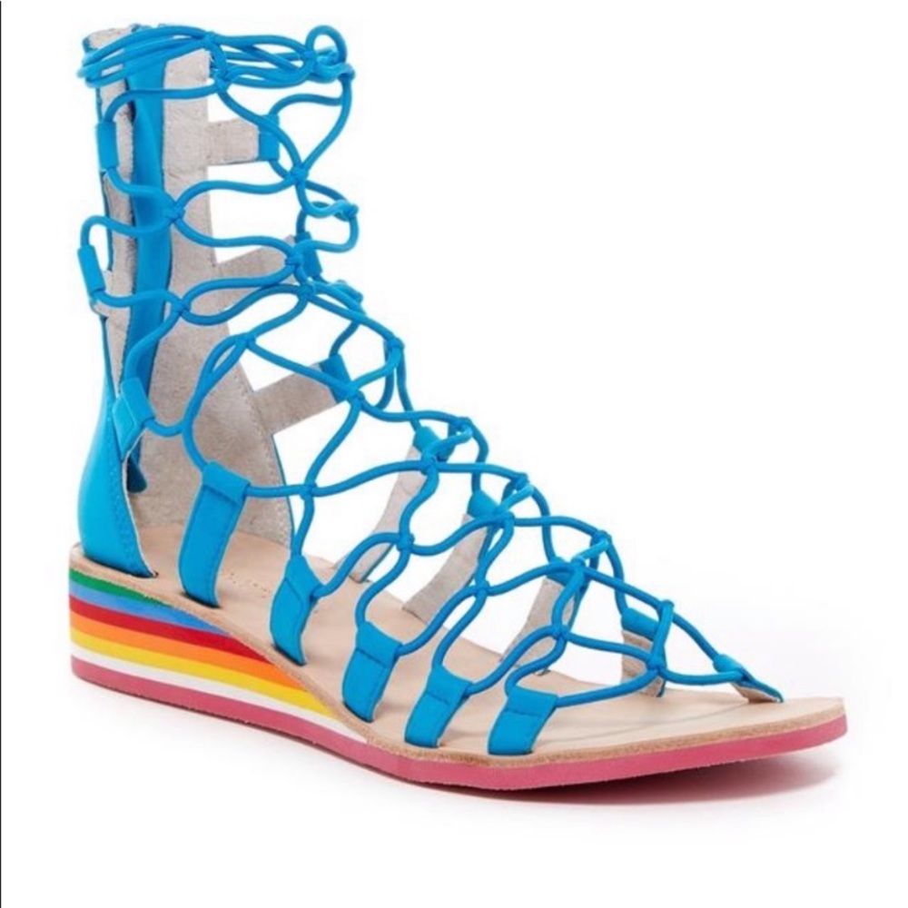 Blue bungee gladiator rainbow wedge sandal
